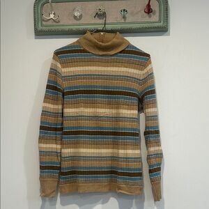 Vintage 70s Tan and Blue Striped Turtleneck Sweater camel hair lambswool medium